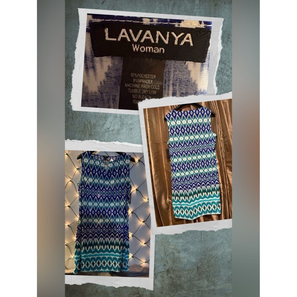 Lavanya Teal and Blue Sleeveless Geometric Shift Dress p2p22↔️36long↕️ #1920
